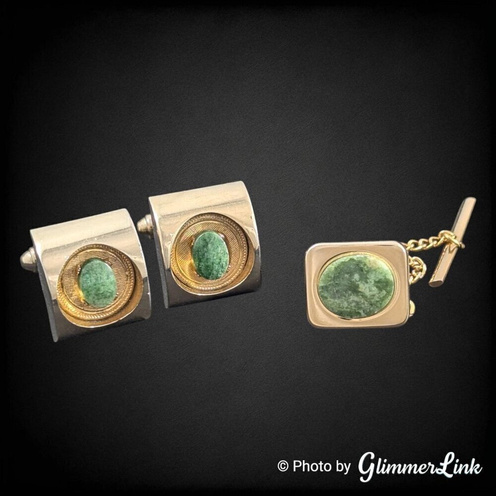VTG Dante Chunky Dome Green Stone Art Deco Style Gold Tone Cufflinks & Tack Set